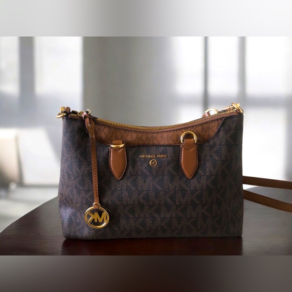 Michael Kors Dark Brown and Tan Signature Crossbody Bag
